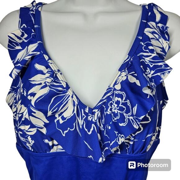 Gabar One Piece Swimsuit Royal Blue & Floral, V Neck with Ruffle Women's Size 14 - Picture 4 of 12
